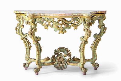 Consolle in Legno Intagliato, Laccato e Dorato in Stile Barocchetto, XVIII Secolo