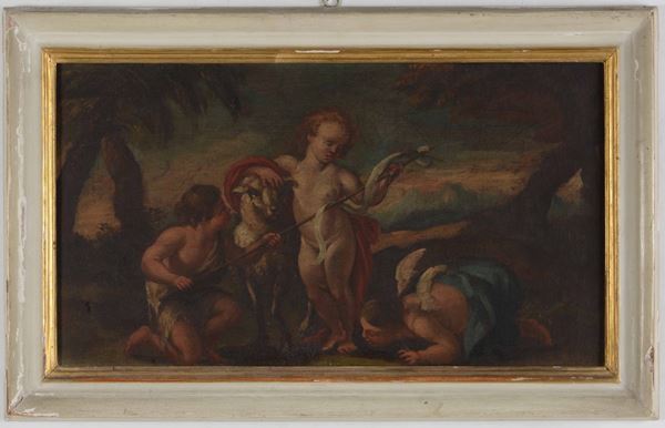 Scuola genovese del XVIII secolo; con cornice cm 38x61 Gesù Bambino con San Giovannino e putto