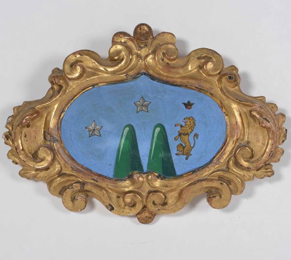Cartiglio in legno intagliato e dorato, XVIII secolo