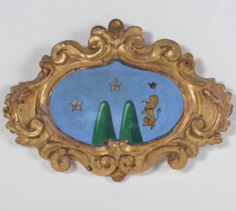 Cartiglio in legno intagliato e dorato, XVIII secolo  - Auction Antiques | Cambi Time - Cambi Casa d'Aste