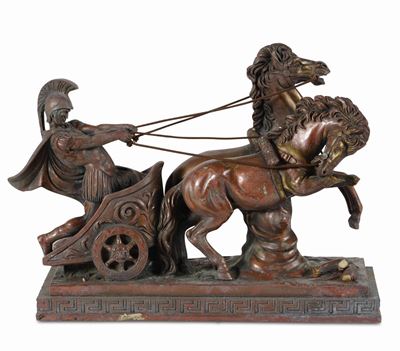 Scultura di Biga Trainata da Cavalli in Metallo, XIX-XX Secolo
