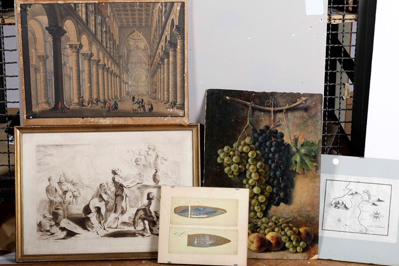 Lotto di cinque tra disegni due stampe e un dipinto  - Auction Furnishings from Italian Villas | Cambi Time - Cambi Casa d'Aste