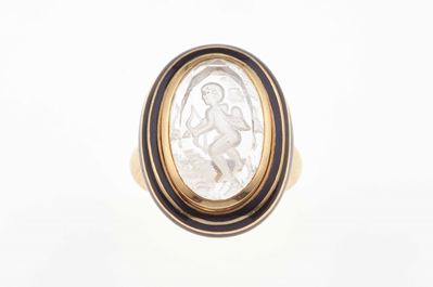 Anello con Cristallo di Rocca Inciso e Smalto Nero