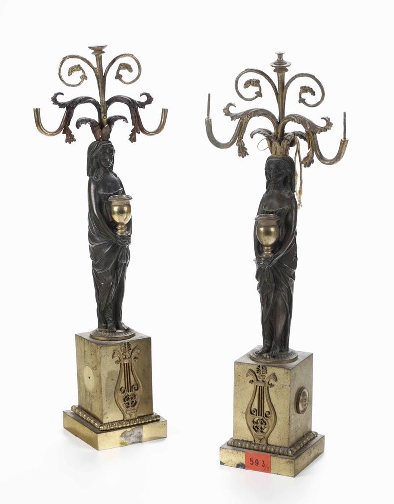 Coppia di candelieri in metallo brunito e dorato, XIX secolo  - Auction Antiques | Cambi Time - Cambi Casa d'Aste