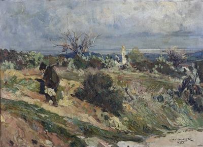 Alfredo Vaccari (torino 1877 - 1933)paesaggio con Contadino in Sardegna