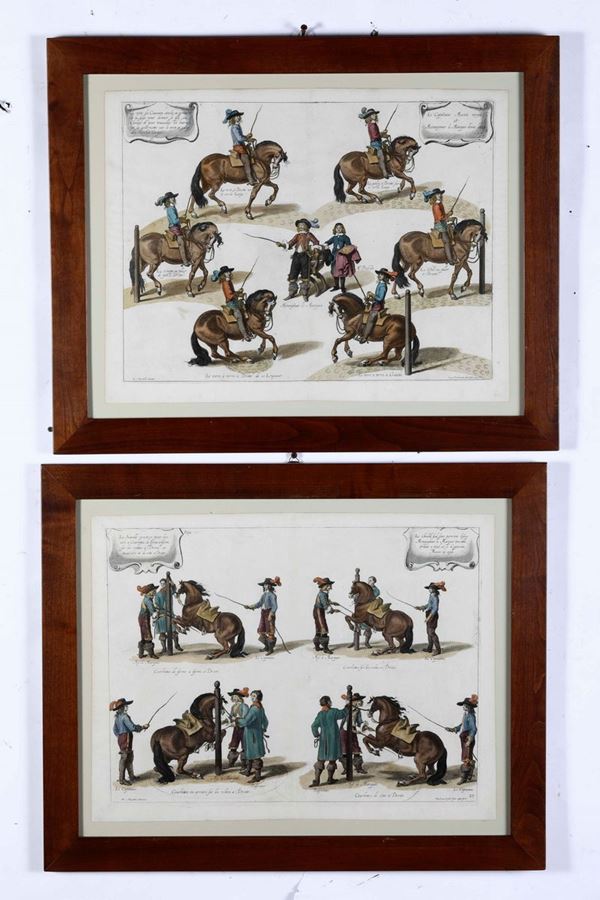 Quattro stampe equestri in cornice, XIX secolo Stampe di soggetto equestre e ludico. Secolo XIX
