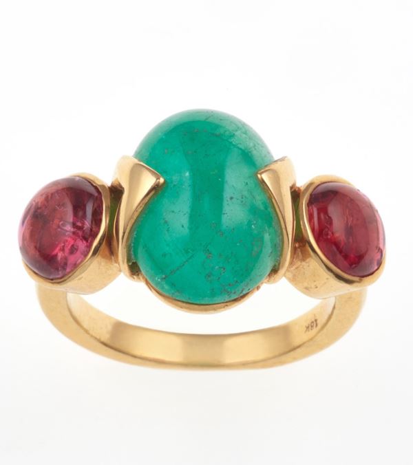 Emerald and tourmaline ring