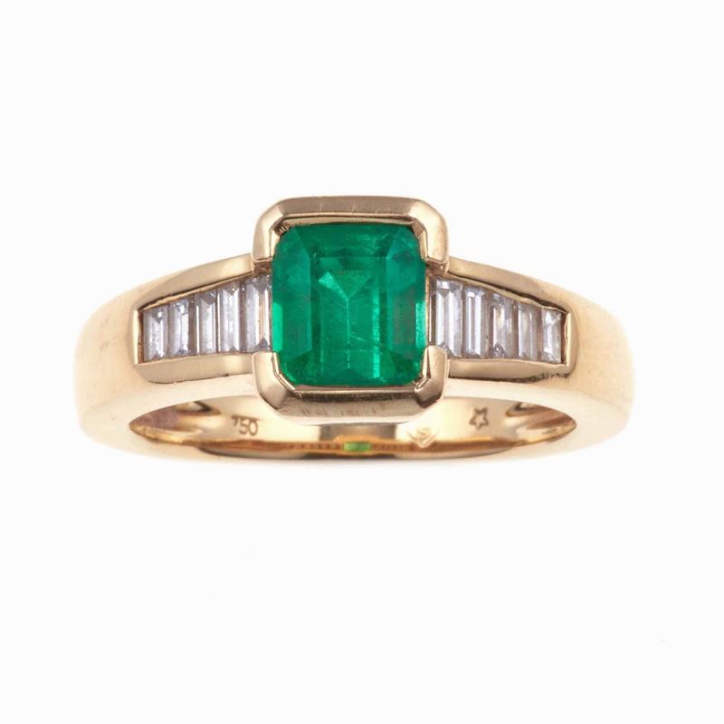 Anello con smeraldo Colombia e diamanti taglio baguette  - Auction Jewels | Cambi Time - Cambi Casa d'Aste