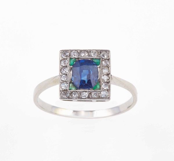 Sapphire, diamond, emerald and platinum ring