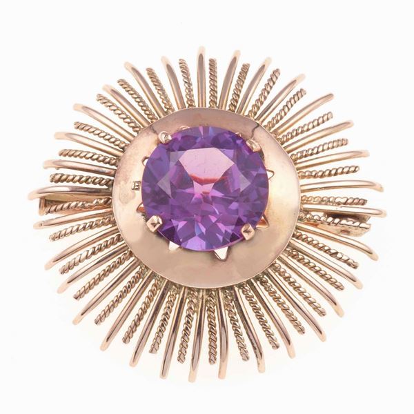 Synthetic color change corundum and low karat gold brooch