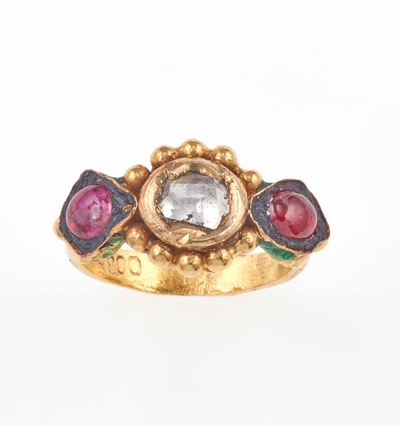 Anello con Diamante Flat Cut, Paste Vitree e Smalti