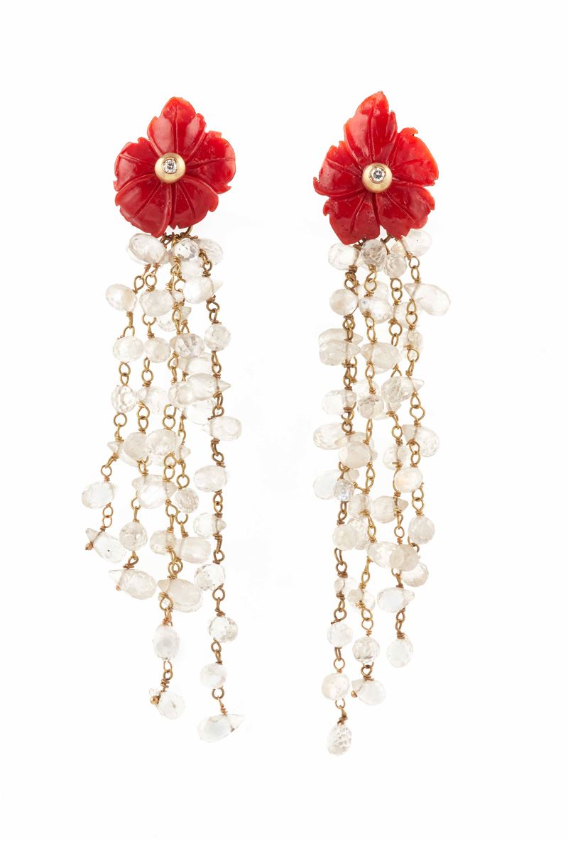 Pair of coral, diamond and labradorite earrings  - Auction Jewels - Cambi Casa d'Aste