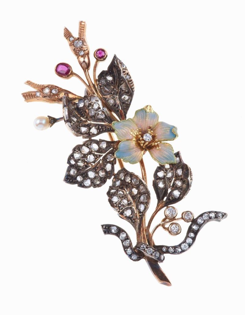 Diamond, enamel gold and silver brooch  - Auction Fine Jewels - Cambi Casa d'Aste