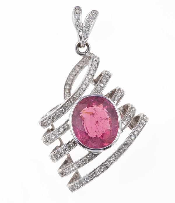 Rubellite and diamond pendent necklace