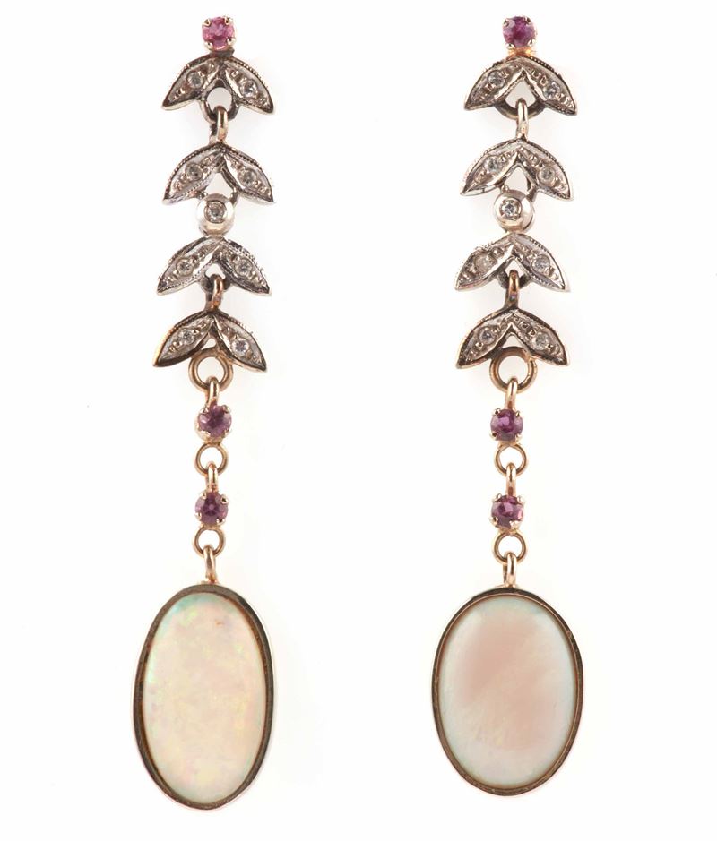 Pair of opal, diamond, ruby, gold and silver earrings  - Auction Summer Jewels | Cambi Time - Cambi Casa d'Aste