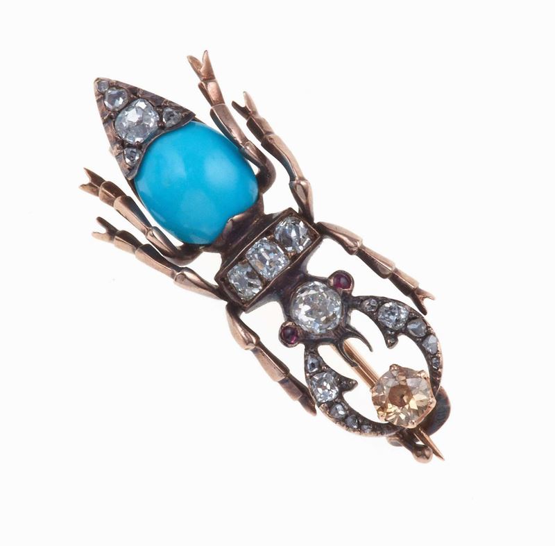 Spilla scarabeo con turchese e diamanti di vecchio taglio  - Auction Spring Jewels - I - Cambi Casa d'Aste