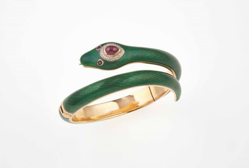 Bracciale rigido serpente con smalto verde, rubino, diamanti e zaffiri  - Asta Spring Jewels - I - Cambi Casa d'Aste