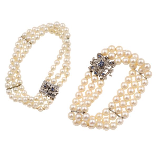 Cultured pearl, sapphire and gold bracelet