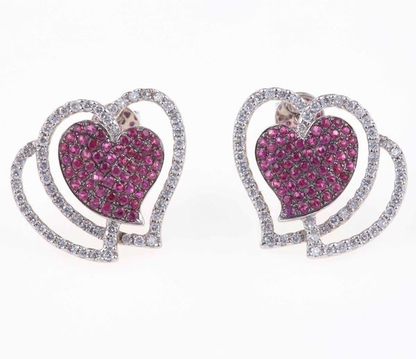 Pair of synthetic ruby and diamond earrings