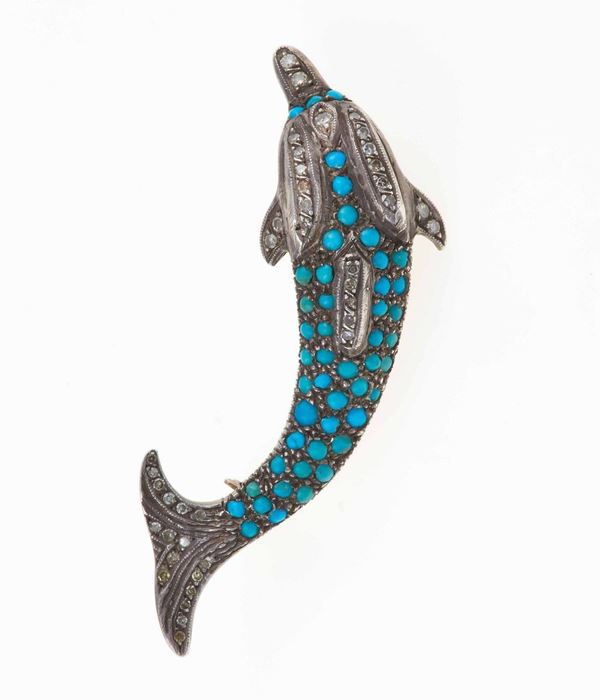 Spilla/pendente delfino con turchesi e piccoli diamanti