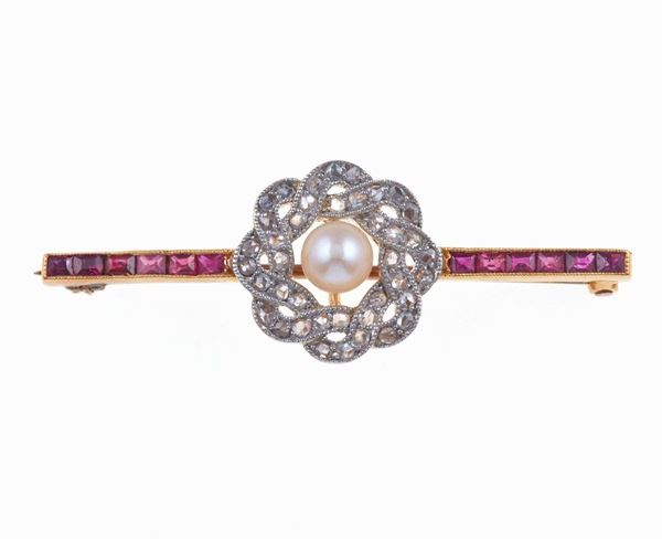 Ruby, diamond and pearl brooch