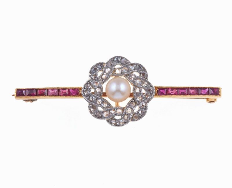 Ruby, diamond and pearl brooch  - Auction Jewels | Cambi Time - Cambi Casa d'Aste