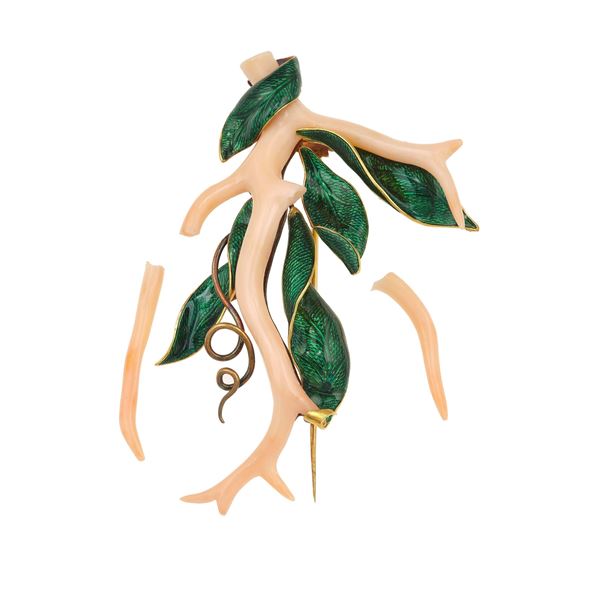 Coral, enamel, low-karat gold and gold brooch. Damages