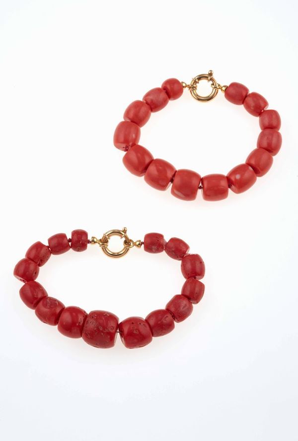 Two coral and gold bracelets