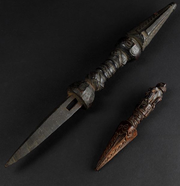 Two wooden Phurba daggers, Tibet, 1800s