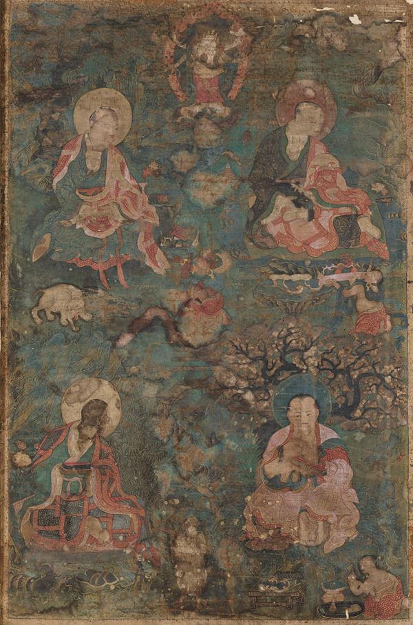 Thangka su seta raffigurante saggi e discepoli, Tibet, XVII secolo