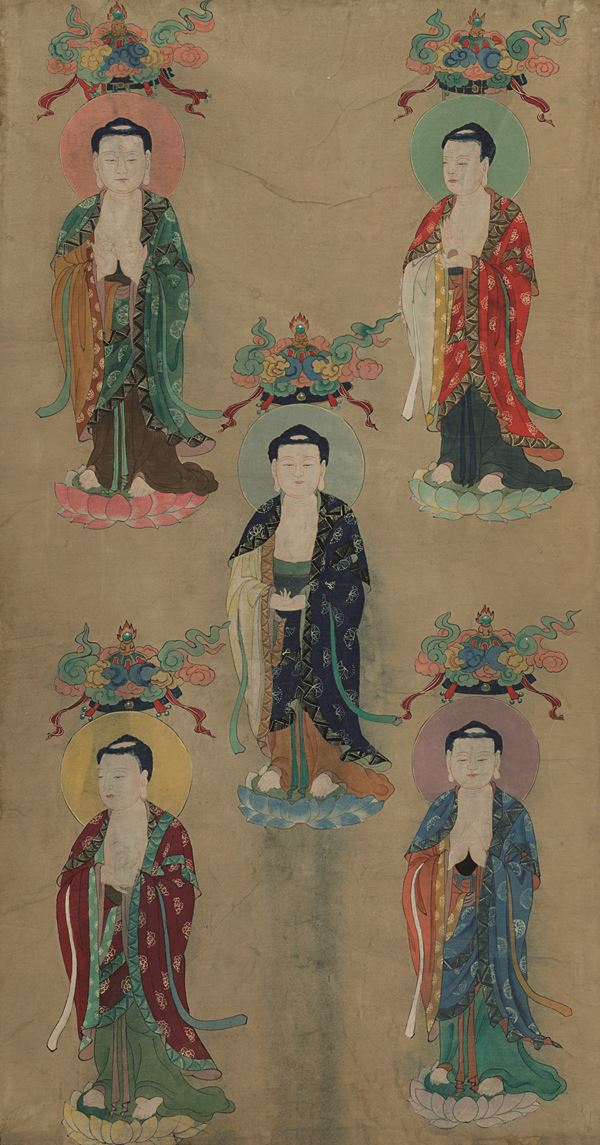 Grande dipinto su seta raffigurante i cinque Buddha, Cina, Dinastia Qing, XVIII secolo