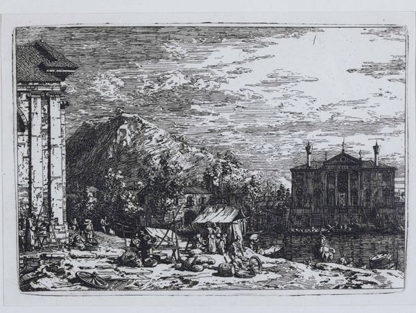 Giovanni Antonio Canal, detto il Canaletto (Venezia 1697 – 1768) Capriccio con il palazzo Andruzzi a Dolo (O Il mercato di Dolo.