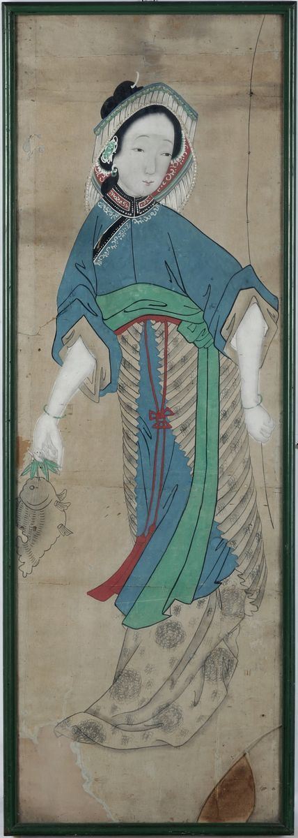 Dipinto su seta raffigurante giovane pescatrice, Cina, Dinastia Qing, XIX secolo