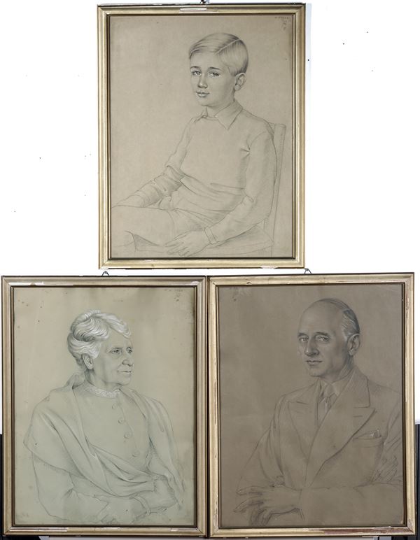 Tre disegni siglati FR 1944 raffiguranti ritratto di fanciullo, signora anziana e gentiluomo