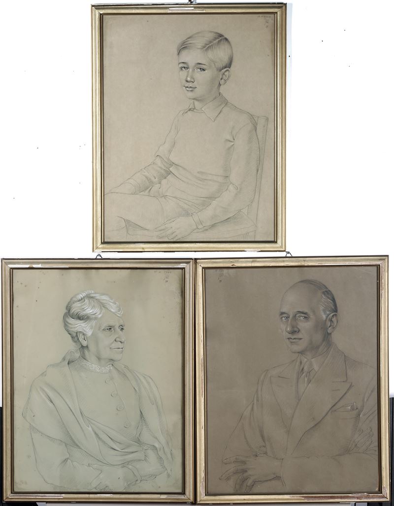Tre disegni siglati FR 1944 raffiguranti ritratto di fanciullo, signora anziana e gentiluomo  - Auction From a Genoese family | Cambi Time - I - Cambi Casa d'Aste