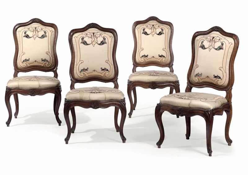 Quattro sedie Luigi XV in noce, Genova XVIII secolo  - Asta Dimore Italiane - Cambi Casa d'Aste