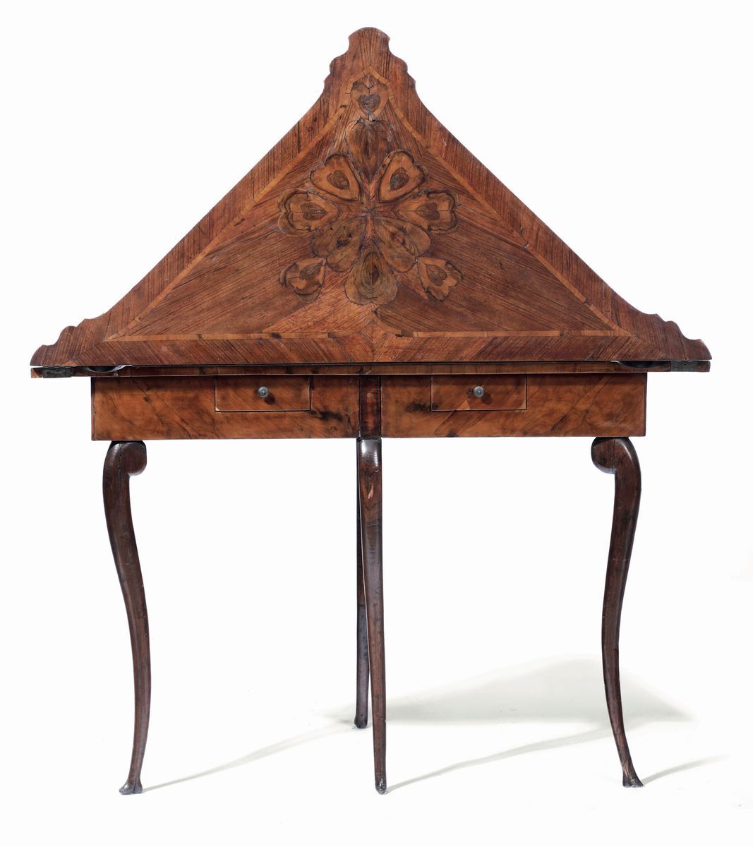 Tavolino da Gioco Luigi XV Triangolare Apribile Lastronato in Noce e Filettato in Palissandro e B...