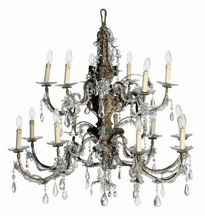 Lampadario Luigi XIV a Quindici Luci in Legno Intagliato e Dorato, Pendenti in Cristallo, Genova ...