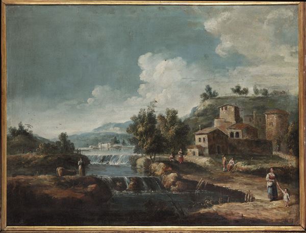 Giovan Battista Cimaroli (Salò 1687 - Venezia 1753), attribuito a Paesaggio con contadini e viandanti in riva al fiume