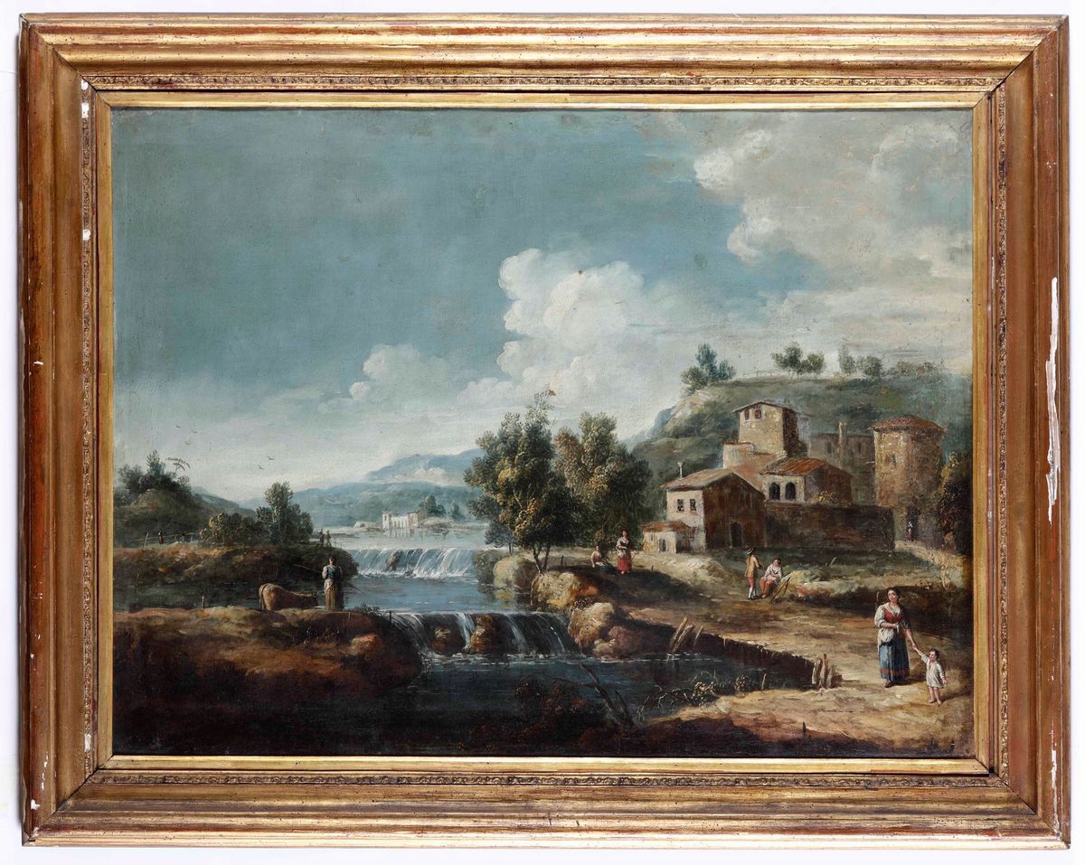 Giovan Battista Cimaroli (salò 1687 - Venezia 1753), Attribuito Apaesaggio con Contadini e Vianda...