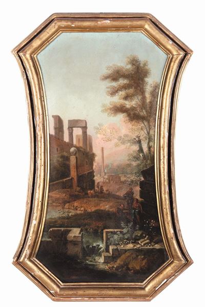 Scuola Romana del XVIII Secolopaesaggi con Rovine Dell'antica Roma e Figure