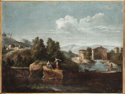 Giovan Battista Cimaroli (salò 1687 - Venezia 1753), Attribuito Apaesaggio con Contadini e Vianda...