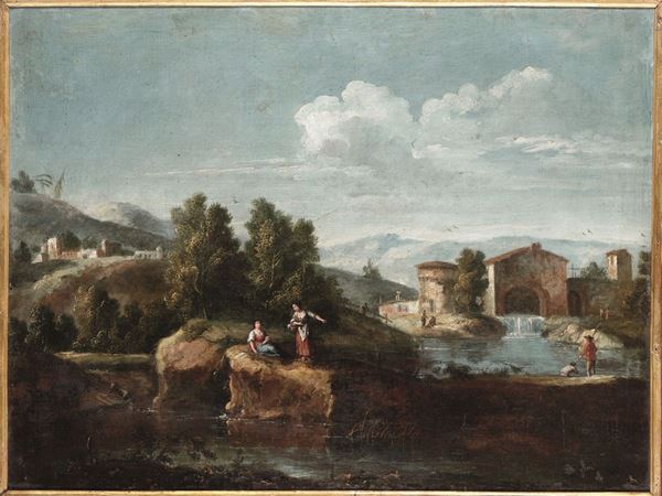 Giovan Battista Cimaroli (Salò 1687 - Venezia 1753), attribuito a Paesaggio con contadini e viandanti in riva al fiume