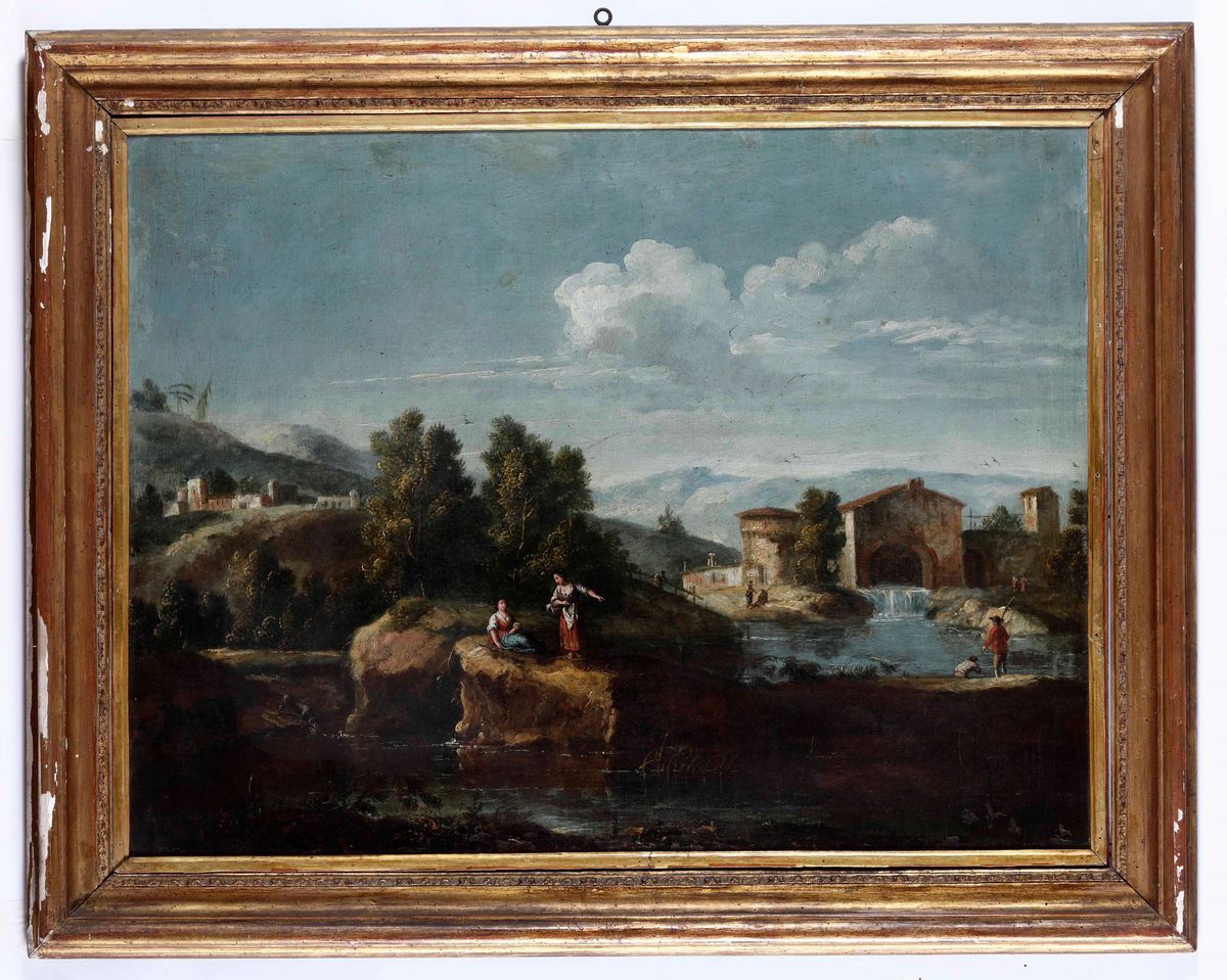 Giovan Battista Cimaroli (salò 1687 - Venezia 1753), Attribuito Apaesaggio con Contadini e Vianda...