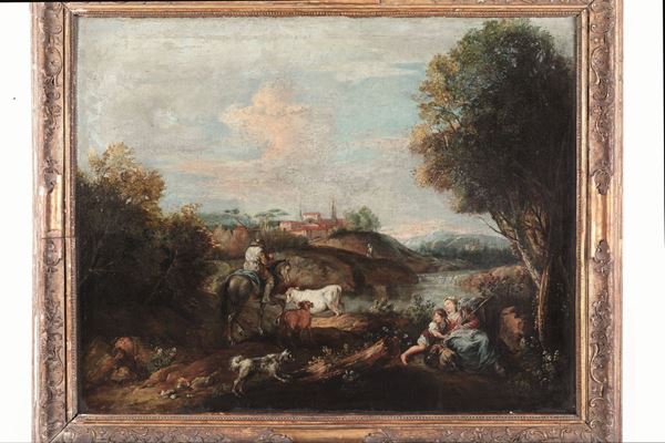 Scuola veneta del XVIII secolo Paesaggio con pastori e viandante