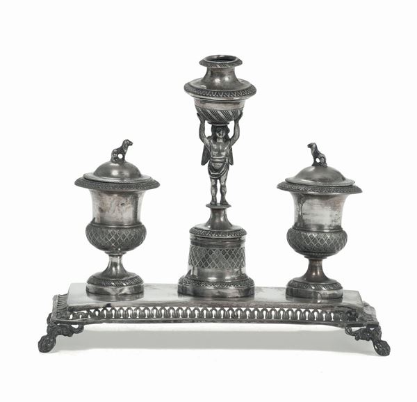 Calamaio in argento. Milano XVIII secolo, bolli di garanzia in uso dal 1812 al 1872, argentieri Legnani e Boschetti
