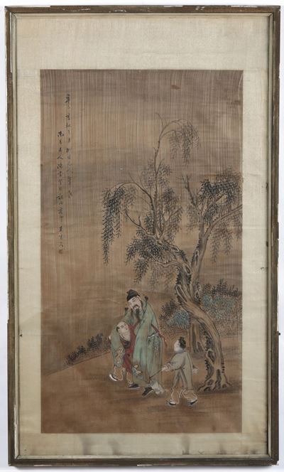 Due Dipinti su Seta Raffiguranti Saggio con Fanciulli e Personaggi con Cavalli, Cina, Dinastia Qi...