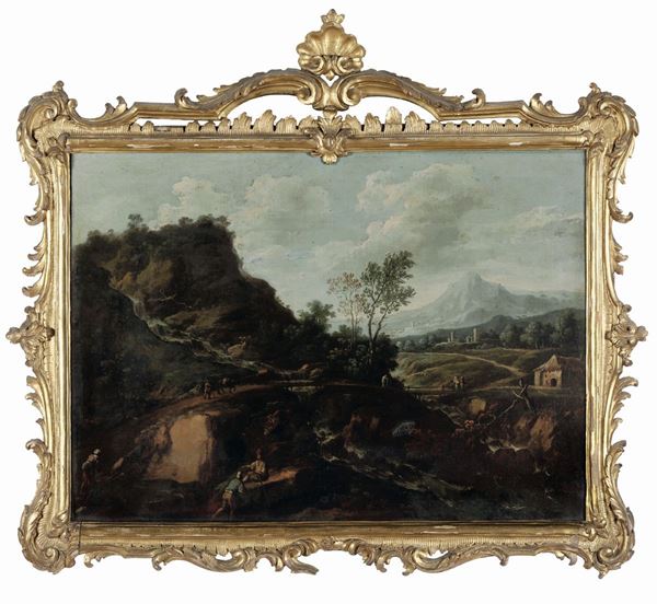 Scuola italiana del XVIII secolo Paesaggi con contadini e viandanti