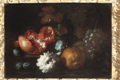 Scuola Romana della Fine del XVII Secolonatura Morta con Fiori, Limone e Melograno