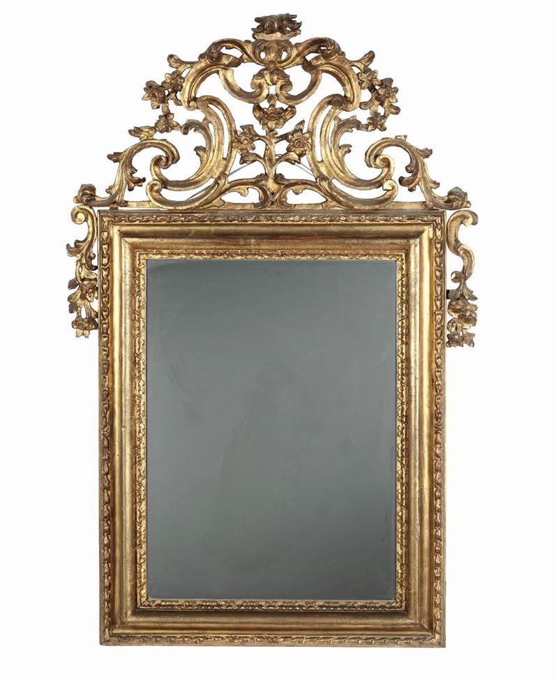 Grande specchiera in legno intagliato e dorato, XVIII-XIX secolo  - Auction Furnishings from Italian Villas | Cambi Time - Cambi Casa d'Aste